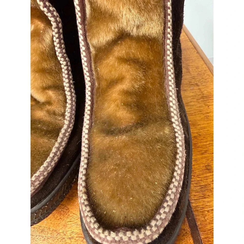 Vintage Ski-Lounger Brown Suede Faux Fur Zip Up Winter Boots Made in Italy Sz 39